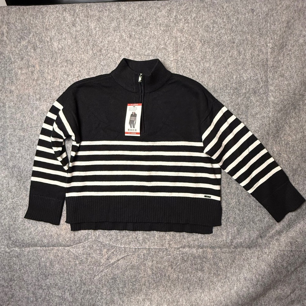 DKNY Quarter Zip Striped Sweater Womens XL Black White Mock Neck Pullover NWT